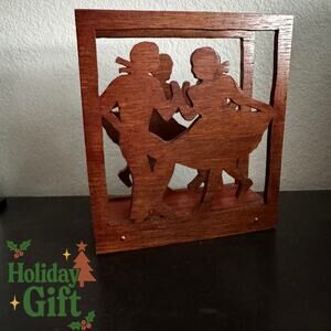 Handmade Wood Dancing Couple Napkin Holder • Vintage Folk Art Silhouette
